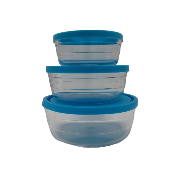 Set 3 bucati caserole din sticla, rotunde, capacitate 1.55 l, 0.85 l, 0.45 l, capac plastic